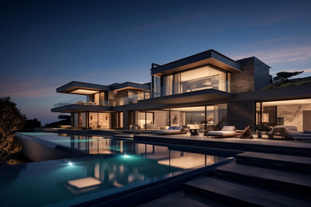 3d rendering of modern cozy house with pool and parking for sale or rent in luxurious style and beautiful landscaping on background. Clear summer night with many stars on the sky.の素材