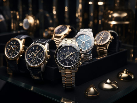 Luxury watches in the shop window of a luxury jewelery storeの素材