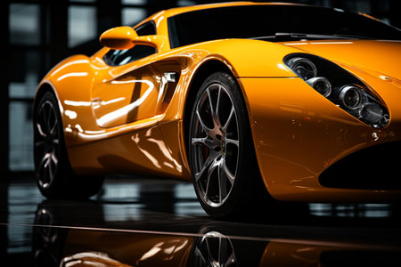 Luxury orange sports car on a glossy black background. 3d renderingの素材