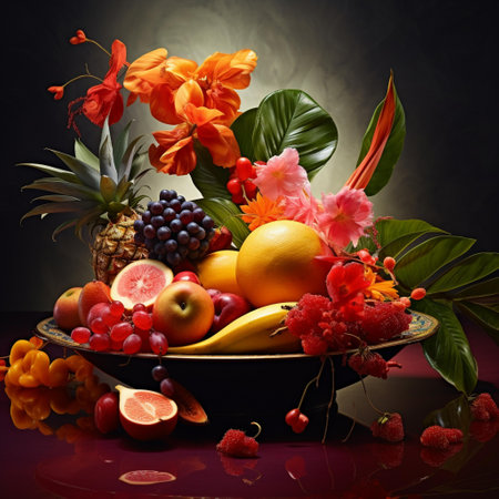 Still life with tropical fruits on a dark background, close-upの素材