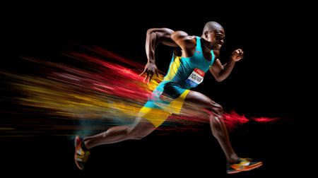 African american male athlete running against black background with colorful light trailsの素材