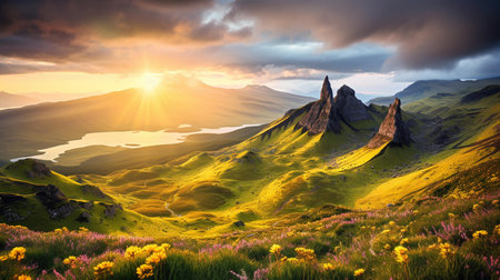 Beautiful summer landscape. Panoramic view of the mountain range.の素材