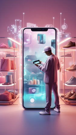 Man using tablet pc against purple room with vignette 3dの素材