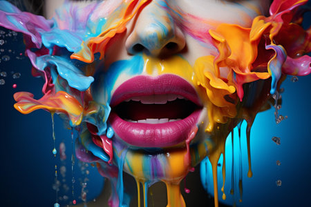 Portrait of a beautiful woman with colorful make-up and paint splashes.の素材