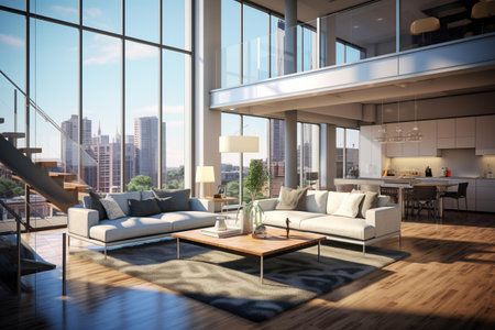Modern living room interior with panoramic window and city view. 3D renderingの素材