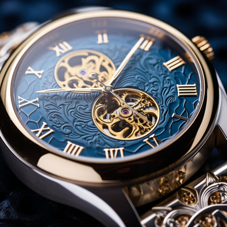 Luxury wristwatch closeup on a dark blue background.の素材