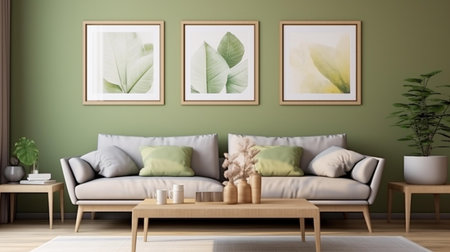 Interior of modern living room with green wall and sofa 3D renderingの素材