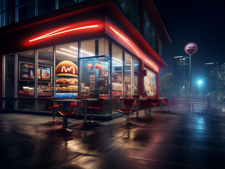 Fast food restaurant in the city at night. 3d rendering.の素材