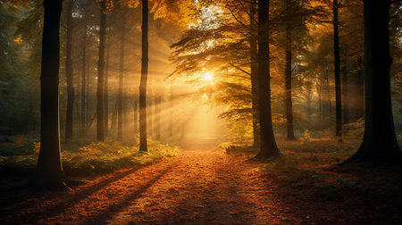 Sunrise in the autumn forest with sun rays passing through the treesの素材