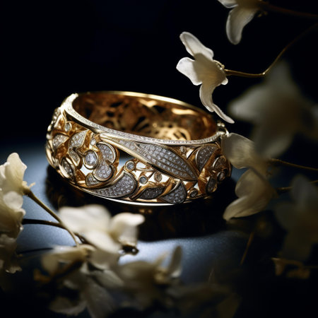 Beautiful gold wedding rings on a black background with white flowers.の素材