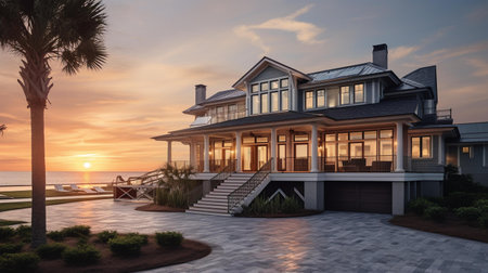 3d rendering of modern cozy house with pool and parking for sale or rent with beautiful landscaping on background. Clear sunny summer sunset with blue sky.の素材