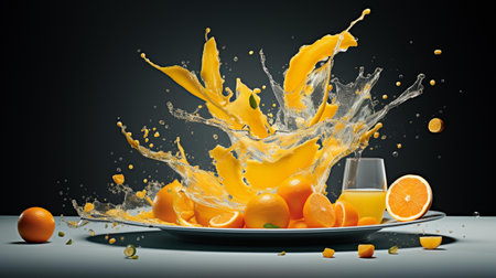 Splash of orange juice with fresh fruits. 3d rendering.の素材