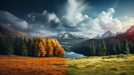 Colorful autumn landscape in the mountains. Beautiful nature scenery with forest and lake.の素材
