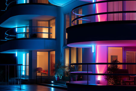 3d rendering of a modern house in the night with neon lightsの素材