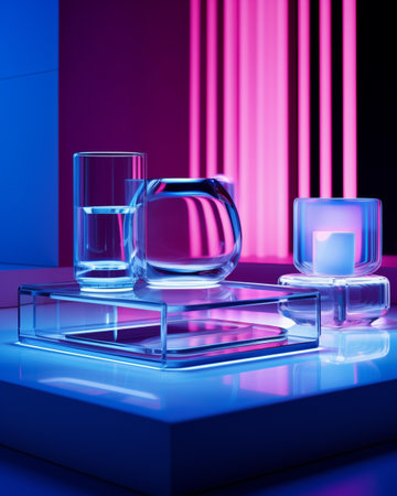 3d render of glassware on a table in blue and pink backgroundの素材