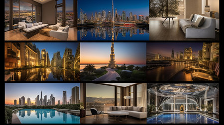 Collage of modern living room interior with beautiful view on the city.の素材