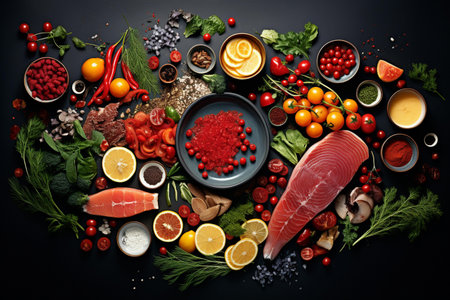 Raw tuna fish with ingredients for cooking on a black background, top viewの素材