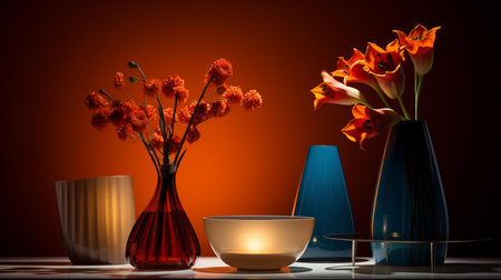 Three vases with flowers on a dark background. 3d renderingの素材