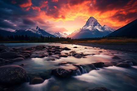 Mountain landscape with a river and a mountain peak at sunset.の素材