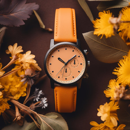 Wristwatch on a brown background with yellow flowers and leaves.の素材