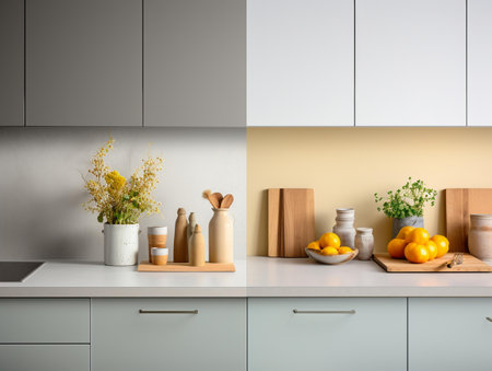Interior of modern kitchen with white walls, concrete floor, white countertops, white cupboards and white cupboards. 3d renderingの素材
