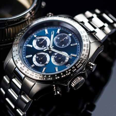 Wrist watch on black background. Close up. Selective focus.の素材