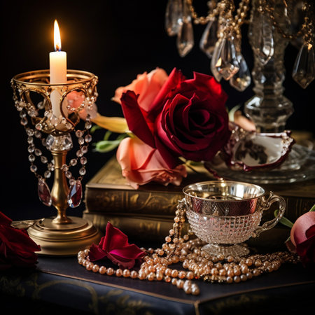 Vintage still life with rosary, candlestick, candles and booksの素材