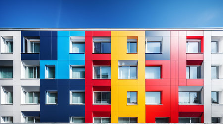 Modern apartment buildings on a sunny day with a blue sky. Facade of a modern apartment buildingの素材