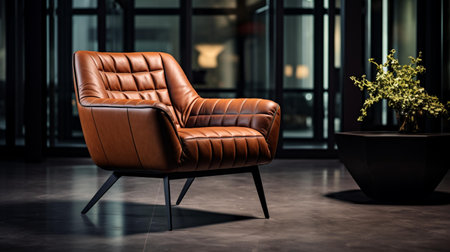 Brown leather armchair in the lobby of a modern office building.の素材