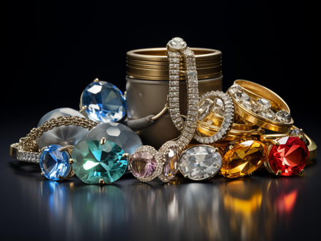 Jewelry on a black background. Jewelery and accessories.の素材