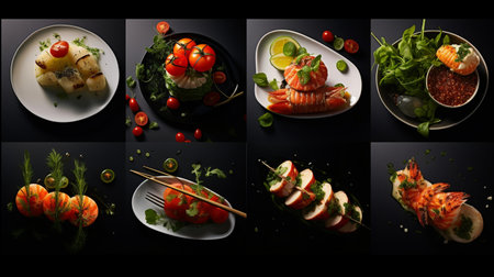 A set of food images on a black background. Salmon, prawns, tomatoes, cucumbers, microgreens, herbs and spices.の素材