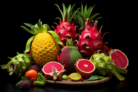 Variety of exotic fruits including dragon fruit, pineapple, pitahaya, mangosteen, grapefruit and other on black background.の素材