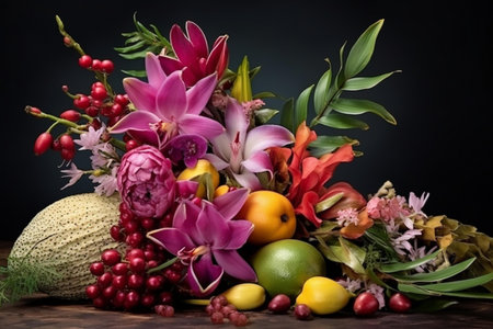 Bouquet of tropical flowers and fruits on a wooden table.の素材