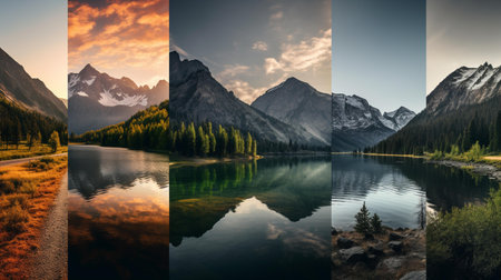 Collage of pictures of alpine lake and mountains in the morning.の素材