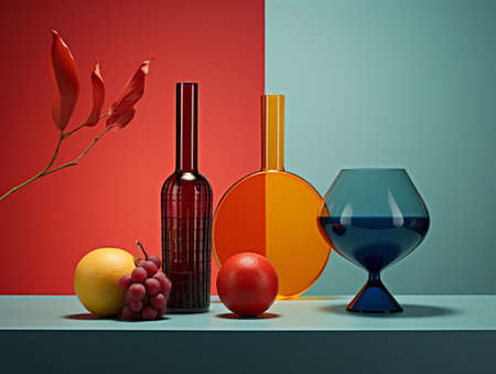 3d illustration of glass vases and fruits on the table.の素材