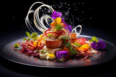 Tasty gourmet appetizer on a black plate on a black backgroundの素材