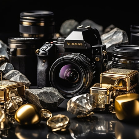 Luxury photo camera with gold jewelry and precious stones on black backgroundの素材
