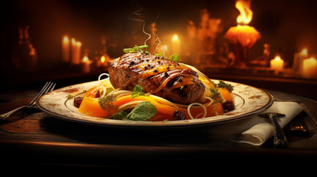 Pork tenderloin with pasta and sauce on a black backgroundの素材