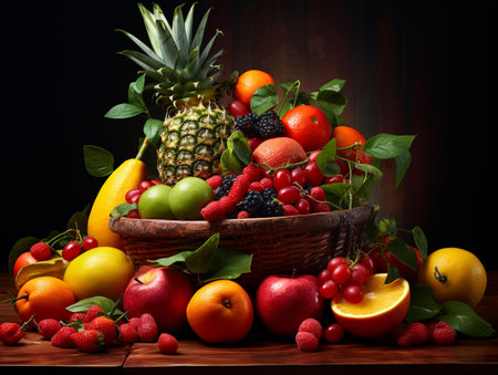 Fruits and vegetables in a basket on a wooden table. Dark background.の素材