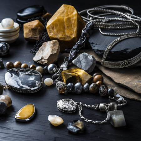 Set of various jewelry on a black wooden background. Top view.の素材