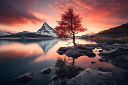 Lonely tree on the shore of a mountain lake at sunsetの素材