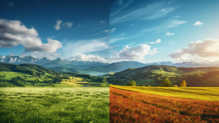 Summer landscape with meadow, mountains and blue sky with clouds.の素材