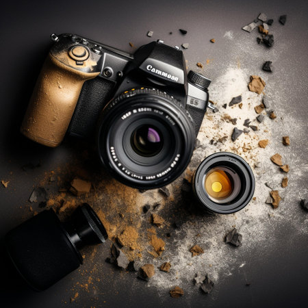 Vintage camera and powder on dark background. Top view with copy spaceの素材