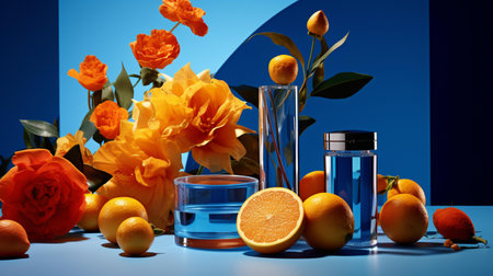 3d illustration of perfume bottles with orange fruits and flowers on blue backgroundの素材