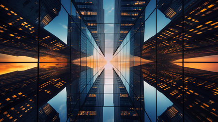Double exposure of skyscrapers in modern city at sunset. 3D renderingの素材