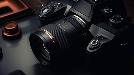 Modern DSLR camera and lenses on black background. 3d renderingの素材