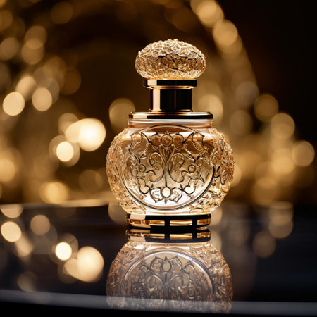 Beautiful perfume bottle on a dark background. Luxury fragrance.の素材