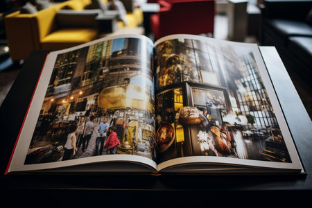 Open book with photos of people in the cafe. Selective focus.の素材
