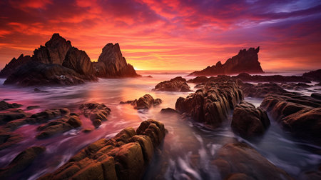 Fantastic colorful sunset over the sea with rocks in the foregroundの素材