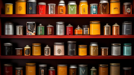 Coffee cans on a bookshelf. 3d renderingの素材